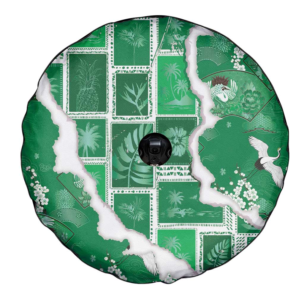 Hawaii Japanese Culture Green Spare Tire Cover Spring Cranes Aloha Pattern