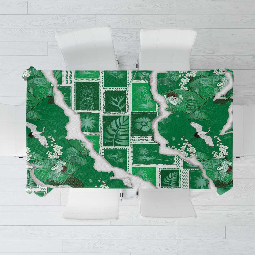 Hawaii Japanese Culture Green Tablecloth Spring Cranes Aloha Pattern