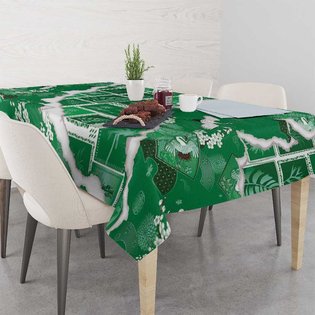 Hawaii Japanese Culture Green Tablecloth Spring Cranes Aloha Pattern