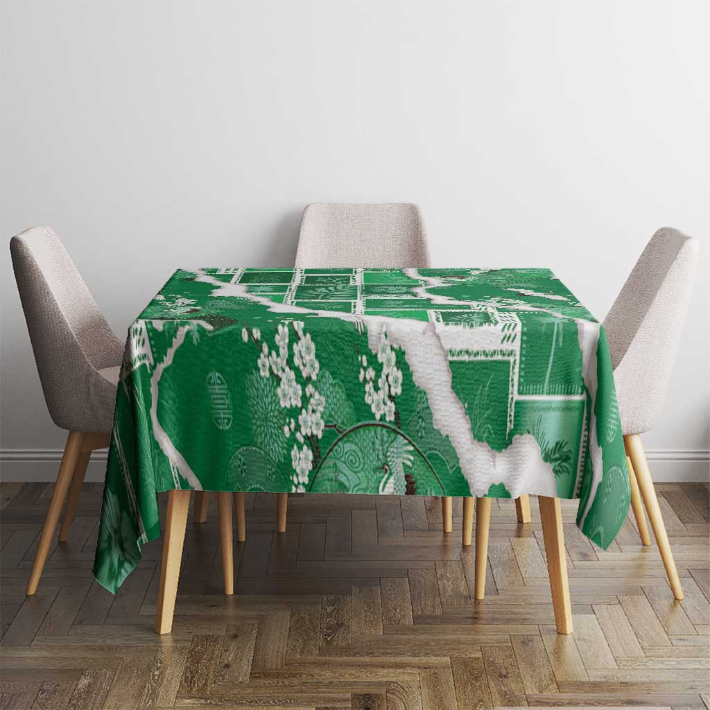 Hawaii Japanese Culture Green Tablecloth Spring Cranes Aloha Pattern