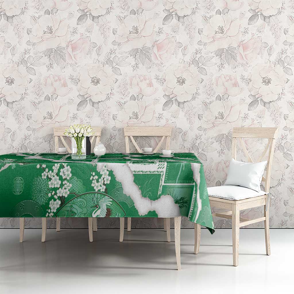 Hawaii Japanese Culture Green Tablecloth Spring Cranes Aloha Pattern
