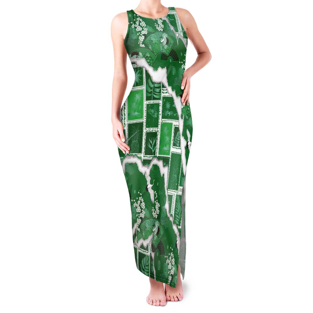Hawaii Japanese Culture Green Tank Maxi Dress Spring Cranes Aloha Pattern