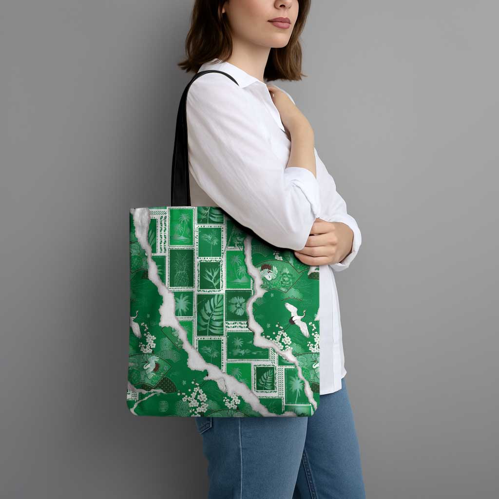 Hawaii Japanese Culture Green Tote Bag Spring Cranes Aloha Pattern