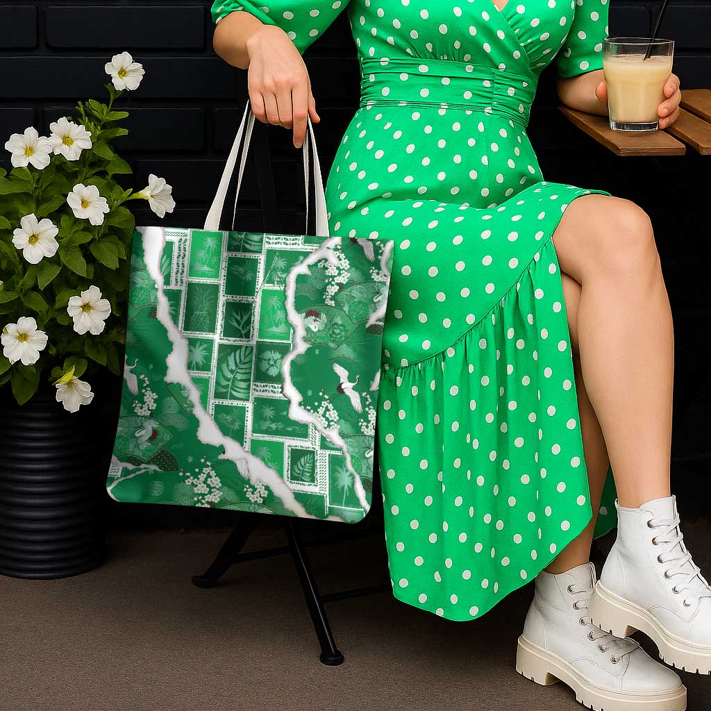 Hawaii Japanese Culture Green Tote Bag Spring Cranes Aloha Pattern