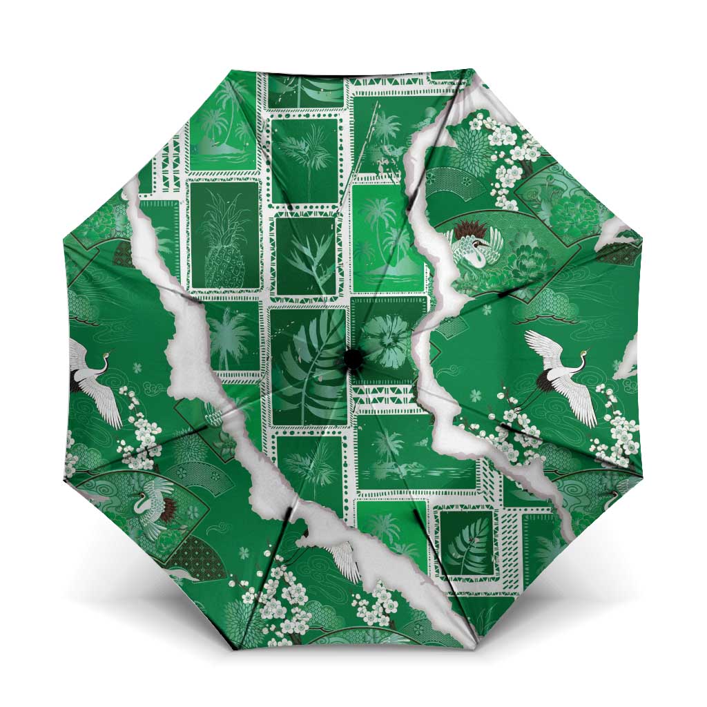 Hawaii Japanese Culture Green Umbrella Spring Cranes Aloha Pattern