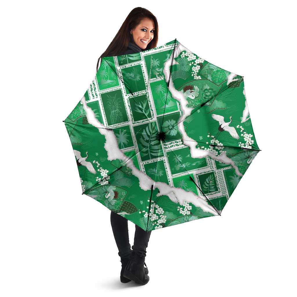 Hawaii Japanese Culture Green Umbrella Spring Cranes Aloha Pattern