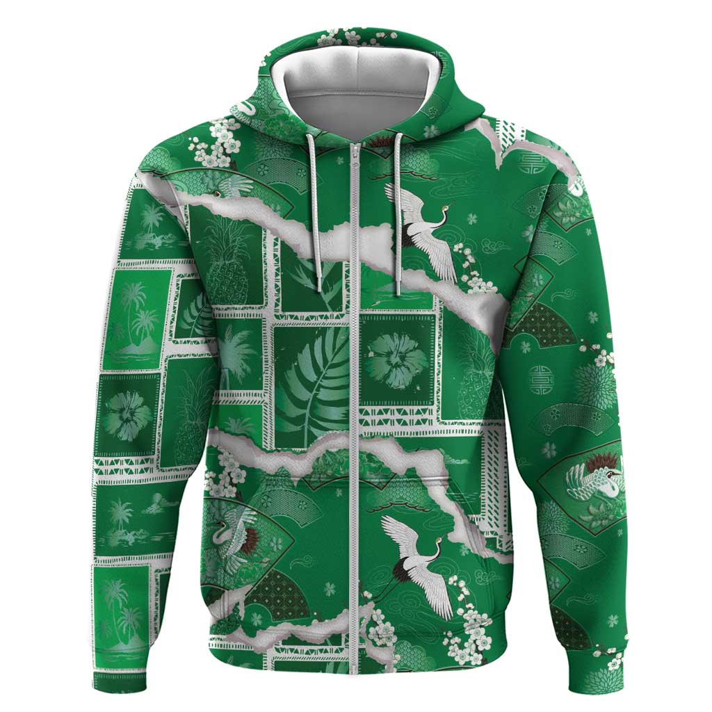 Hawaii Japanese Culture Green Zip Hoodie Spring Cranes Aloha Pattern LT01 Zip Hoodie Green - Polynesian Pride