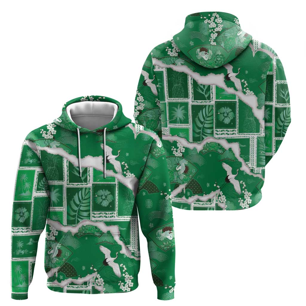 Hawaii Japanese Culture Green Zip Hoodie Spring Cranes Aloha Pattern LT01 - Polynesian Pride