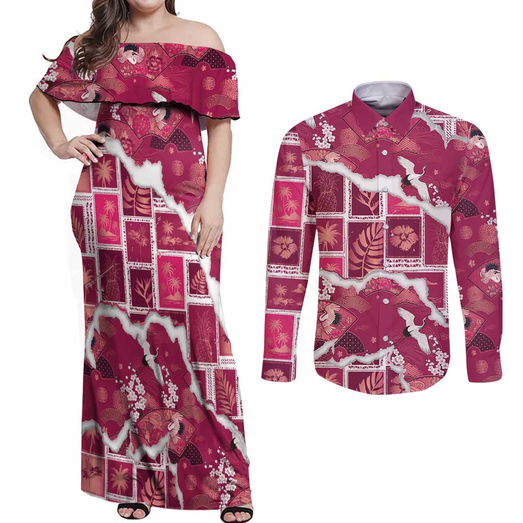 Hawaii Japanese Culture Pink Couples Matching Off Shoulder Maxi Dress and Long Sleeve Button Shirt Spring Cranes Aloha Pattern