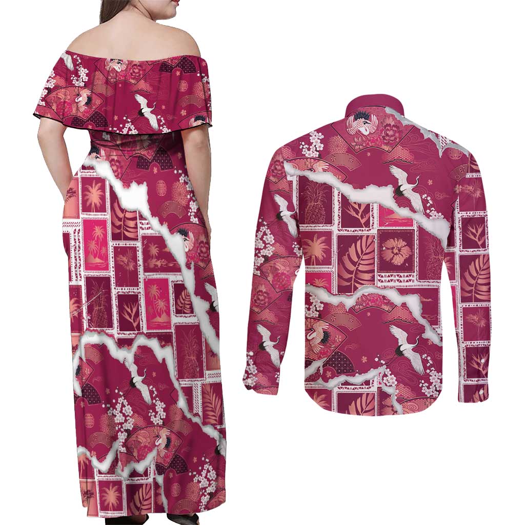 Hawaii Japanese Culture Pink Couples Matching Off Shoulder Maxi Dress and Long Sleeve Button Shirt Spring Cranes Aloha Pattern