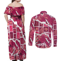 Hawaii Japanese Culture Pink Couples Matching Off Shoulder Maxi Dress and Long Sleeve Button Shirt Spring Cranes Aloha Pattern