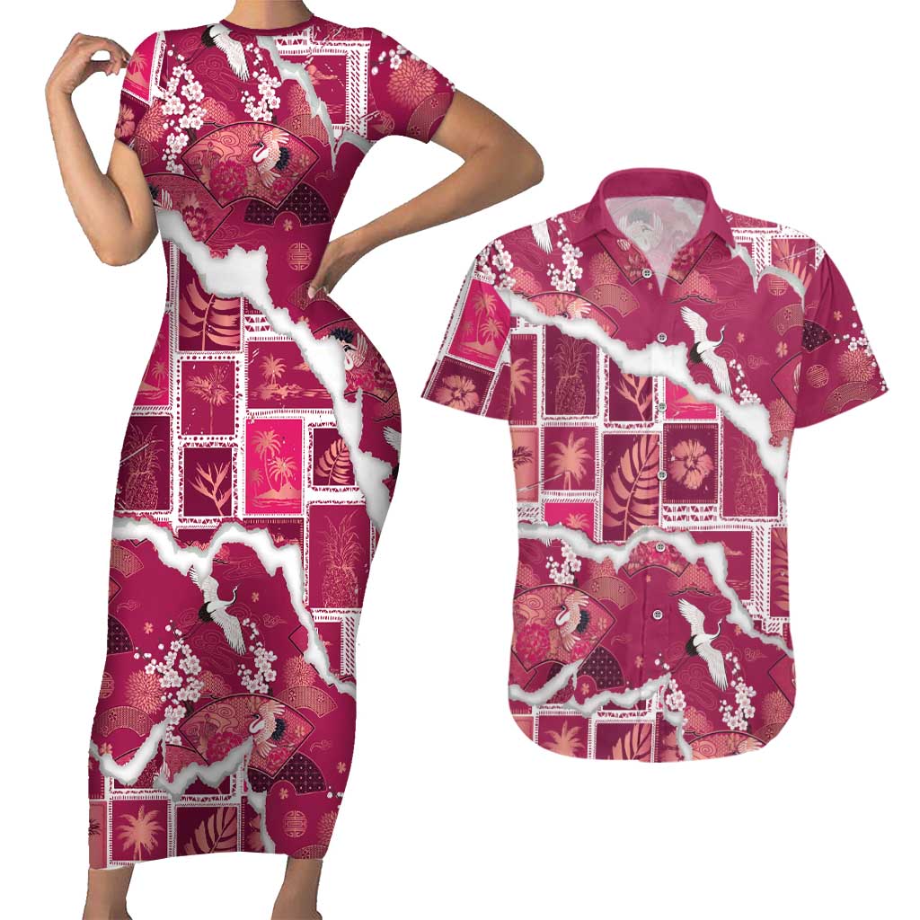 Hawaii Japanese Culture Pink Couples Matching Short Sleeve Bodycon Dress and Hawaiian Shirt Spring Cranes Aloha Pattern