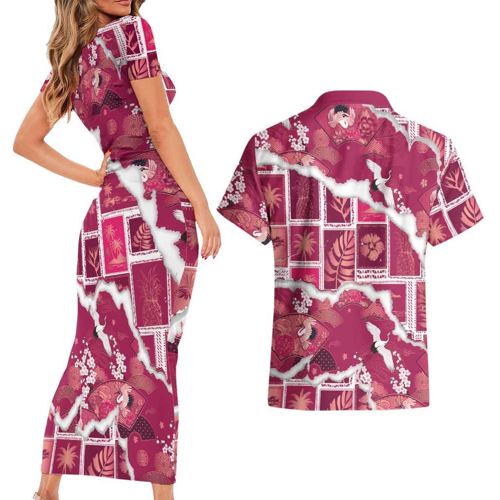 Hawaii Japanese Culture Pink Couples Matching Short Sleeve Bodycon Dress and Hawaiian Shirt Spring Cranes Aloha Pattern