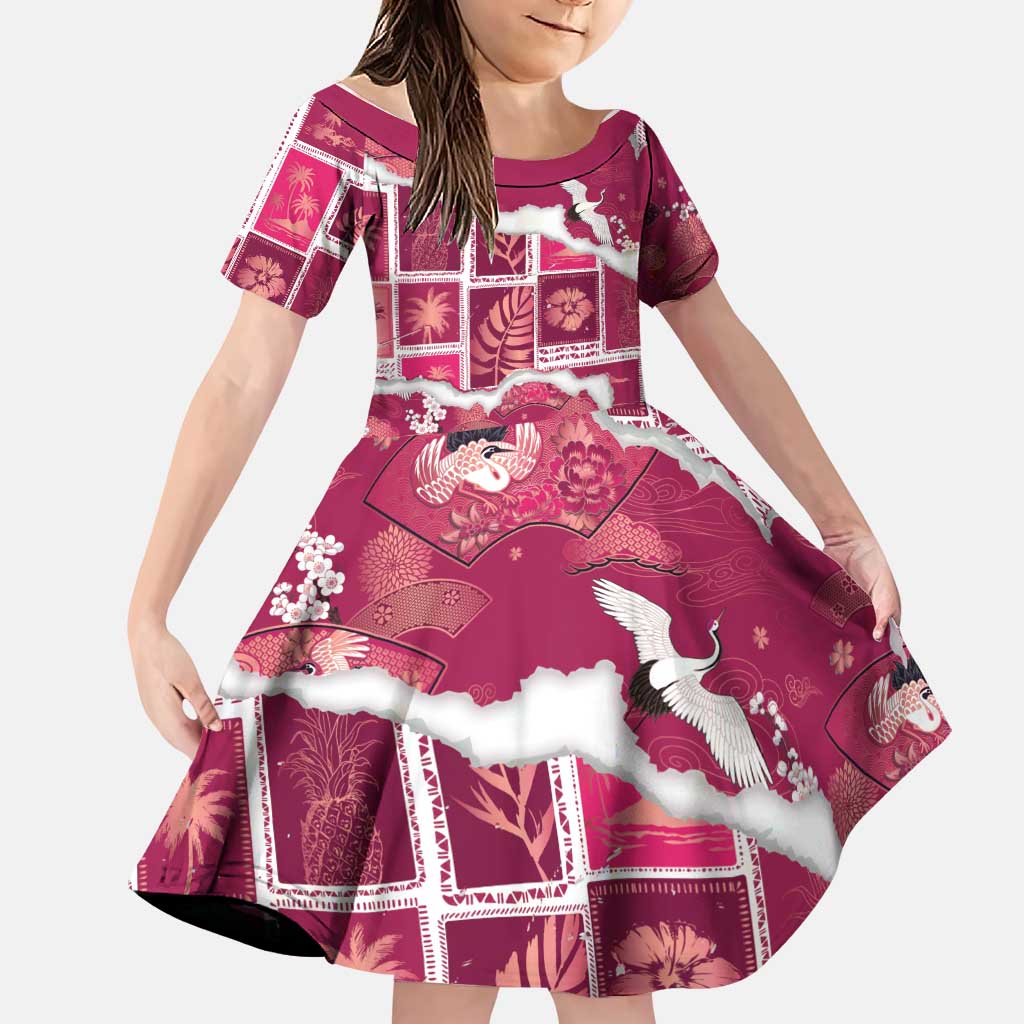 Hawaii Japanese Culture Pink Family Matching Long Sleeve Bodycon Dress and Hawaiian Shirt Spring Cranes Aloha Pattern