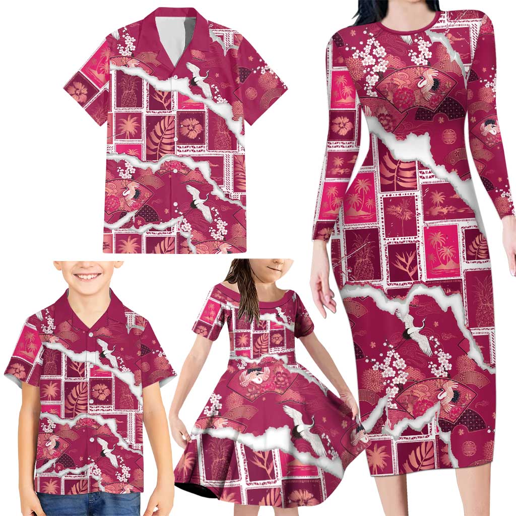 Hawaii Japanese Culture Pink Family Matching Long Sleeve Bodycon Dress and Hawaiian Shirt Spring Cranes Aloha Pattern