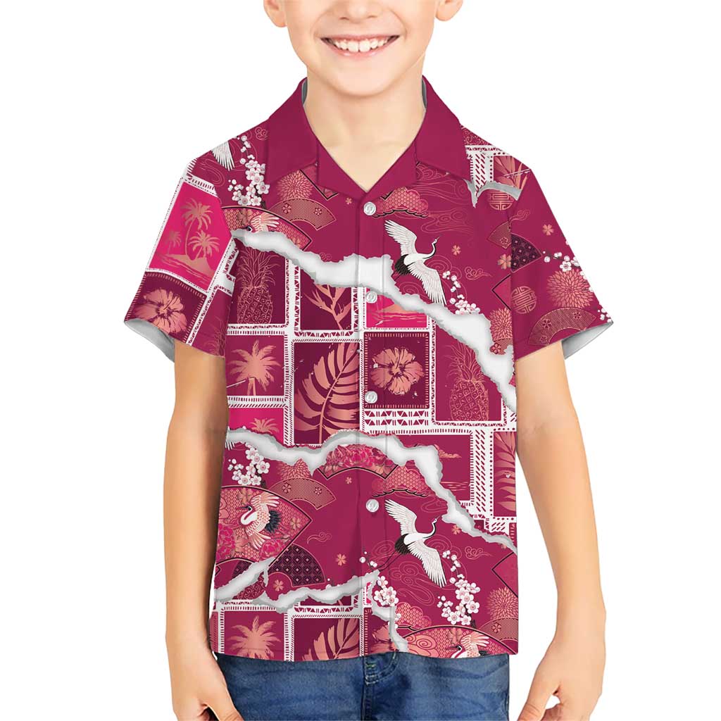 Hawaii Japanese Culture Pink Family Matching Long Sleeve Bodycon Dress and Hawaiian Shirt Spring Cranes Aloha Pattern