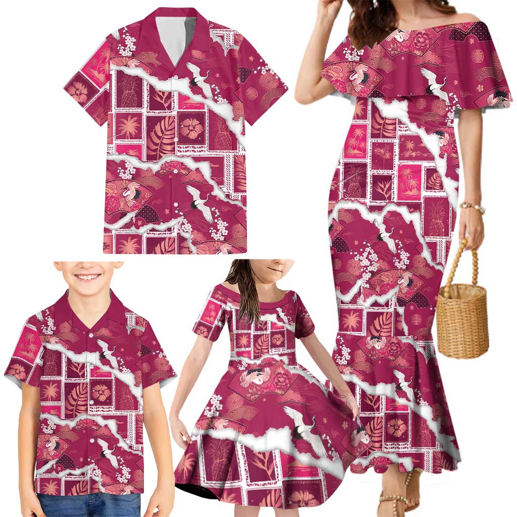 Hawaii Japanese Culture Pink Family Matching Mermaid Dress and Hawaiian Shirt Spring Cranes Aloha Pattern LT01 - Polynesian Pride