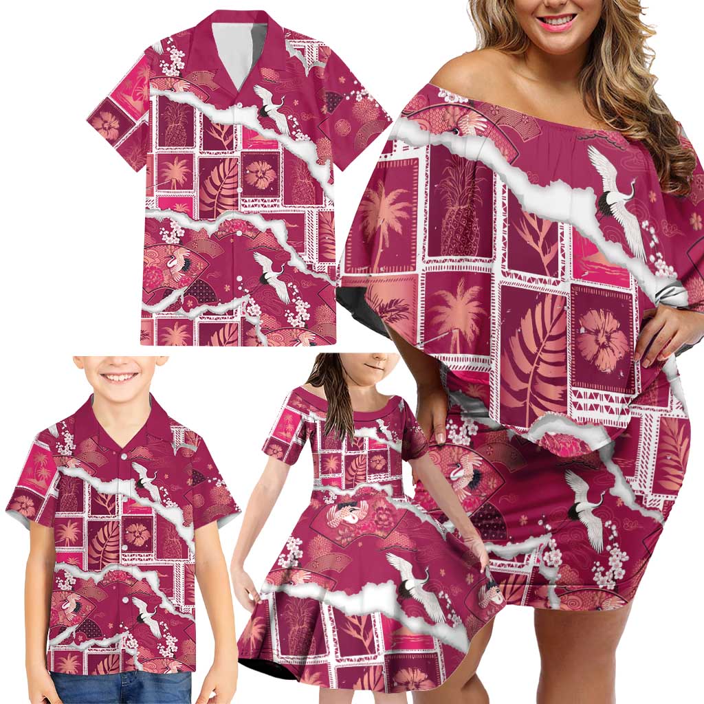 Hawaii Japanese Culture Pink Family Matching Off Shoulder Short Dress and Hawaiian Shirt Spring Cranes Aloha Pattern LT01 - Polynesian Pride