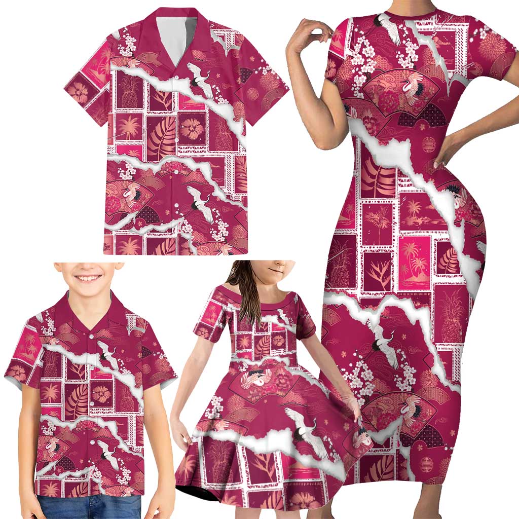 Hawaii Japanese Culture Pink Family Matching Short Sleeve Bodycon Dress and Hawaiian Shirt Spring Cranes Aloha Pattern LT01 - Polynesian Pride