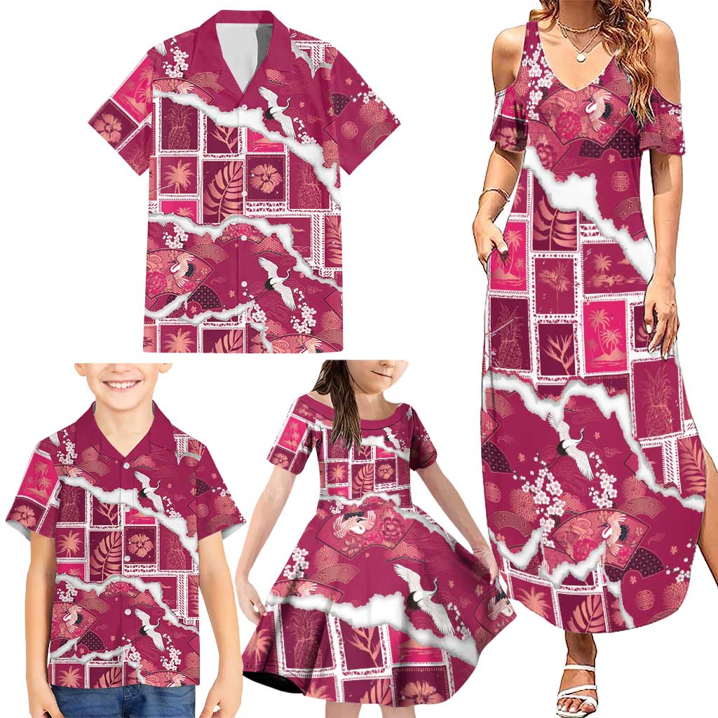 Hawaii Japanese Culture Pink Family Matching Summer Maxi Dress and Hawaiian Shirt Spring Cranes Aloha Pattern