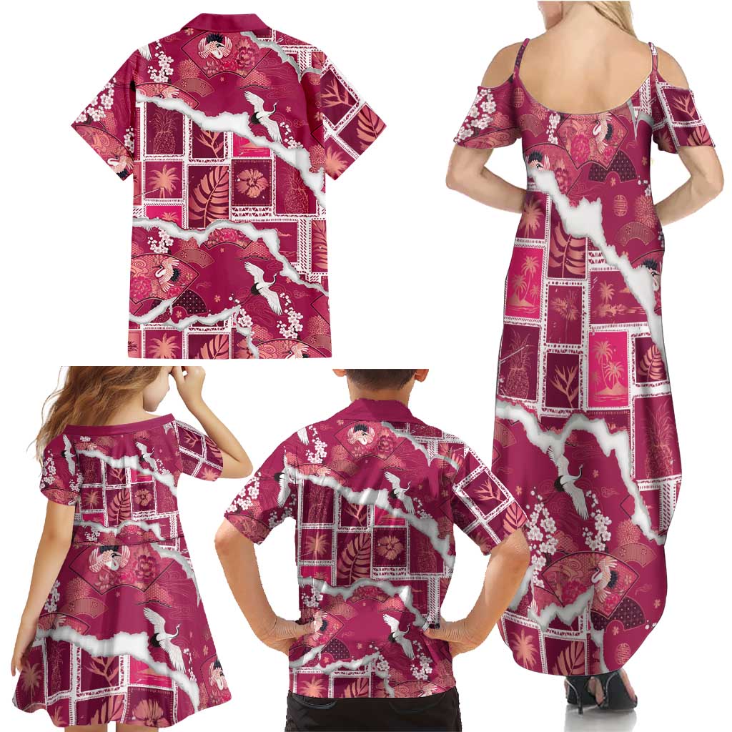 Hawaii Japanese Culture Pink Family Matching Summer Maxi Dress and Hawaiian Shirt Spring Cranes Aloha Pattern