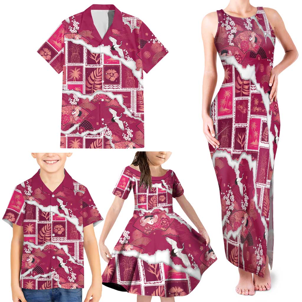 Hawaii Japanese Culture Pink Family Matching Tank Maxi Dress and Hawaiian Shirt Spring Cranes Aloha Pattern LT01 - Polynesian Pride
