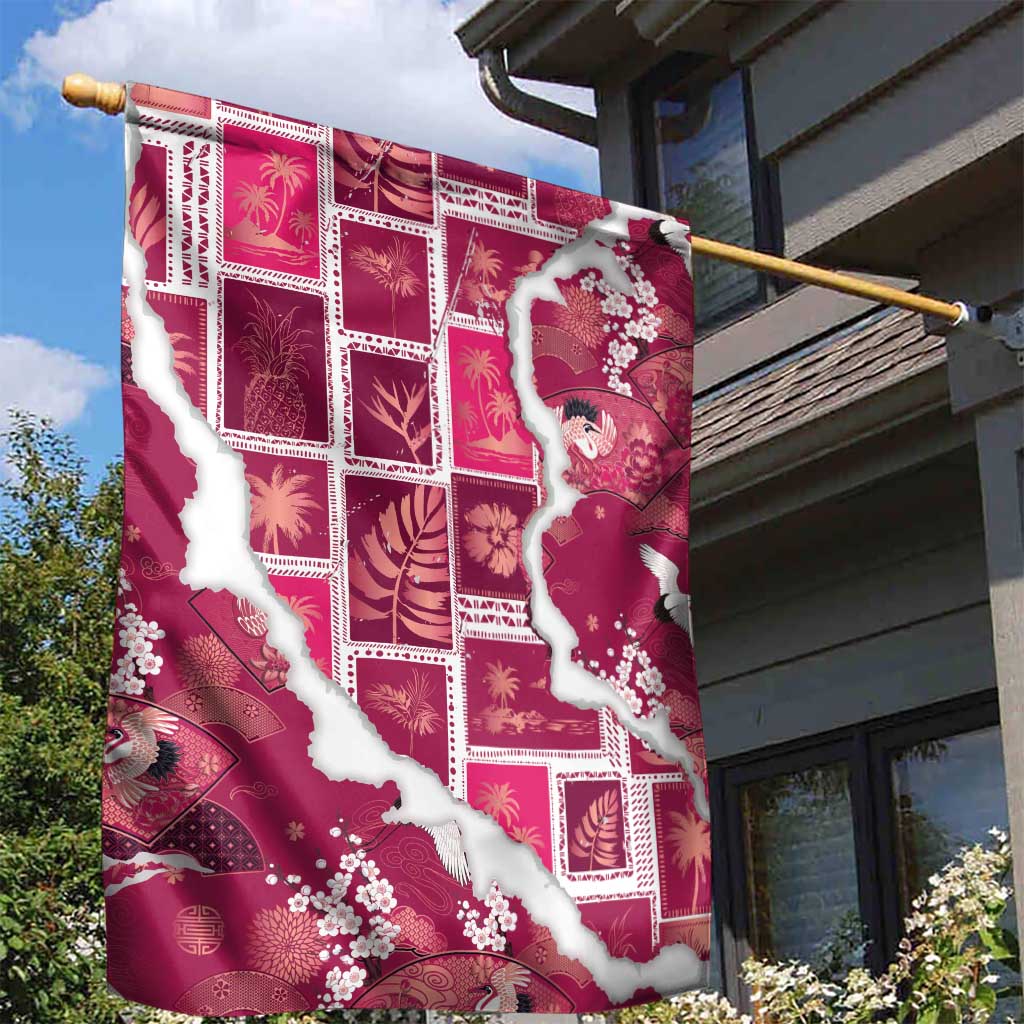 Hawaii Japanese Culture Pink Garden Flag Spring Cranes Aloha Pattern