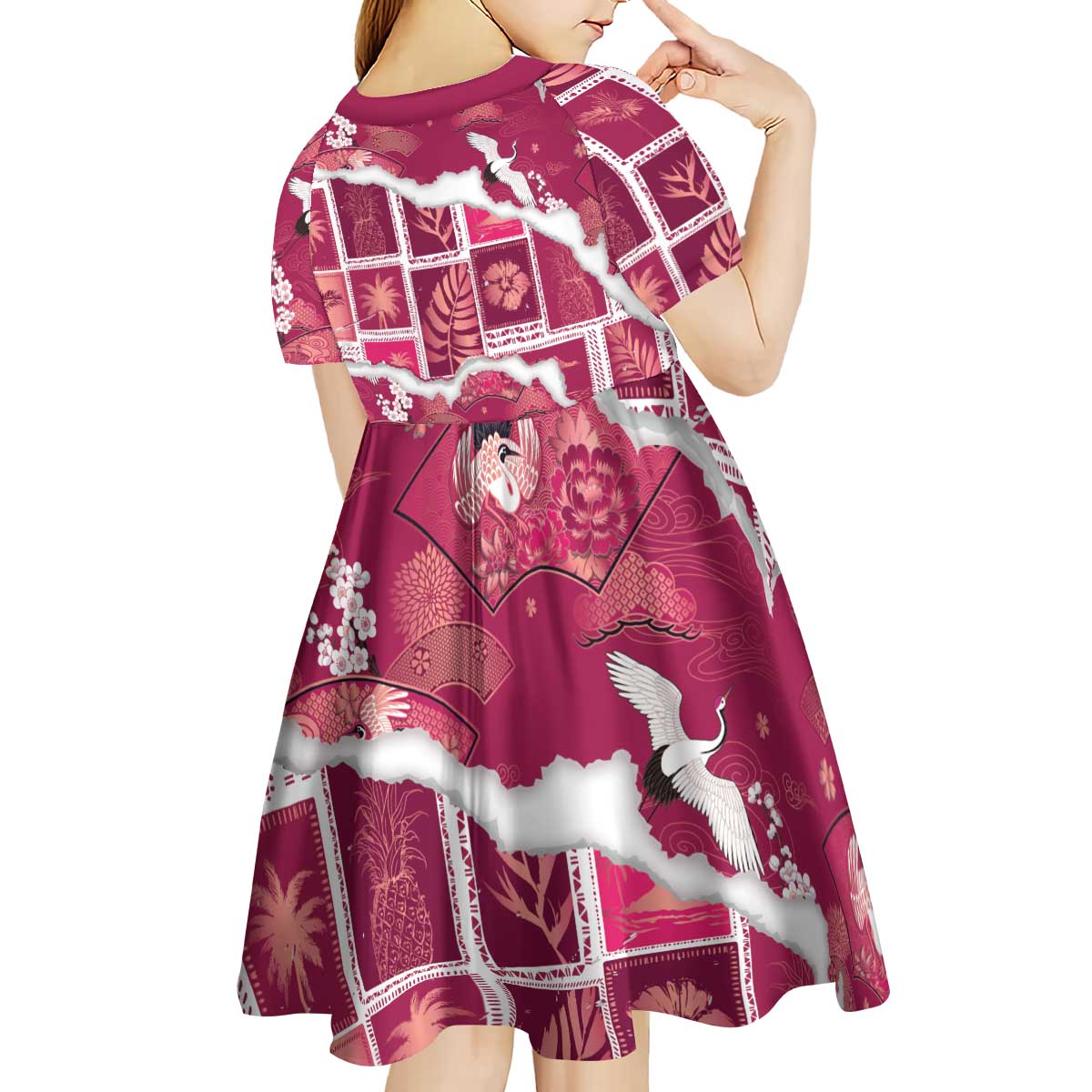Hawaii Japanese Culture Pink Kid Short Sleeve Dress Spring Cranes Aloha Pattern LT01 - Polynesian Pride