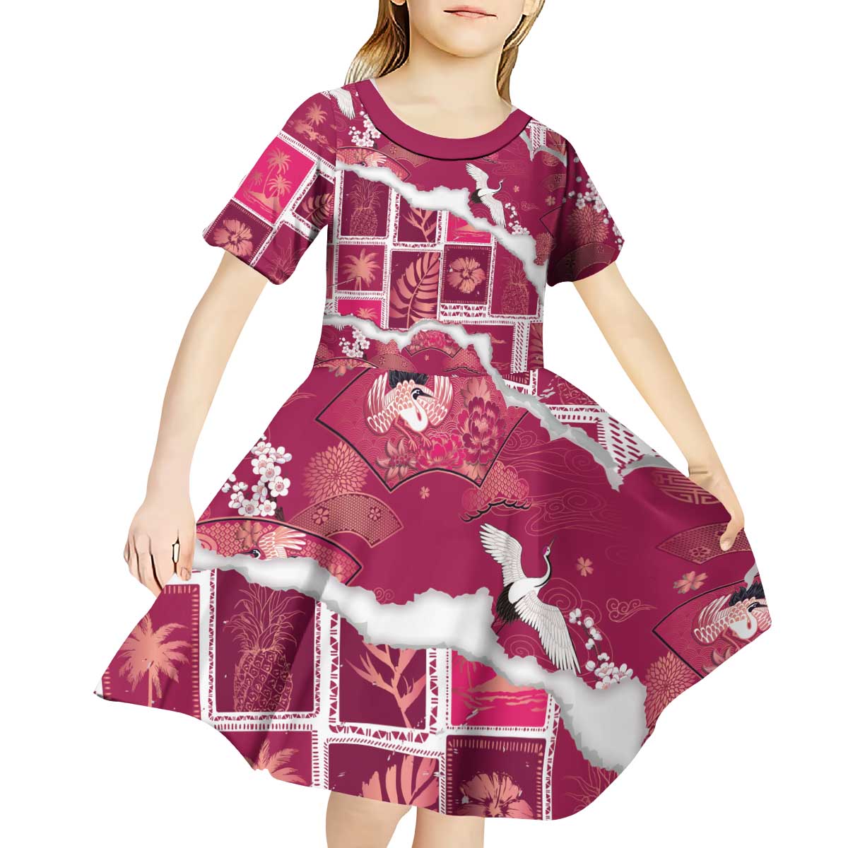 Hawaii Japanese Culture Pink Kid Short Sleeve Dress Spring Cranes Aloha Pattern LT01 - Polynesian Pride