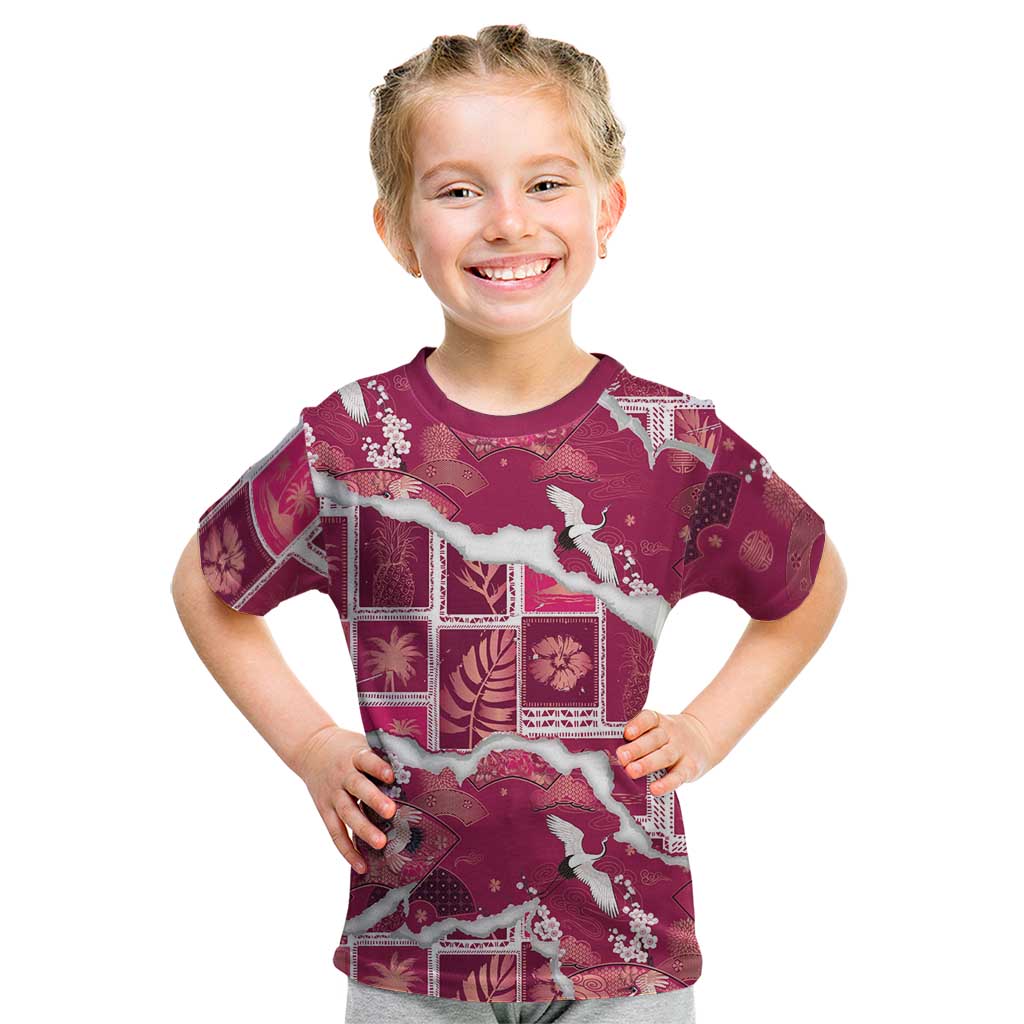 Hawaii Japanese Culture Pink Kid T Shirt Spring Cranes Aloha Pattern