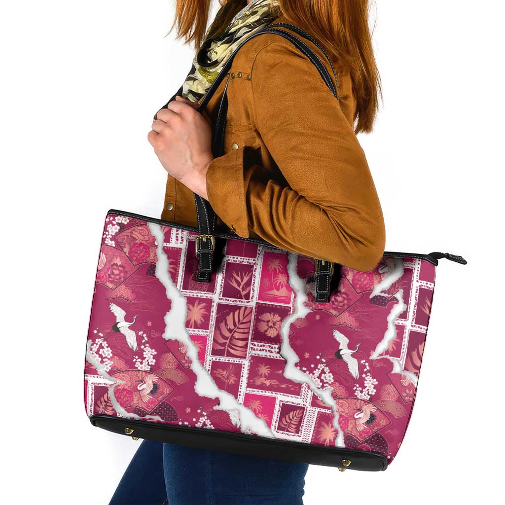 Hawaii Japanese Culture Pink Leather Tote Bag Spring Cranes Aloha Pattern