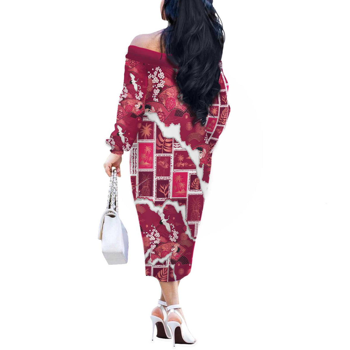 Hawaii Japanese Culture Pink Off The Shoulder Long Sleeve Dress Spring Cranes Aloha Pattern LT01 - Polynesian Pride