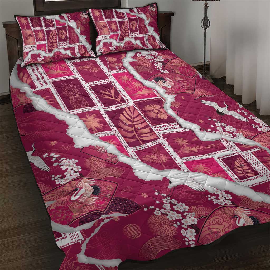 Hawaii Japanese Culture Pink Quilt Bed Set Spring Cranes Aloha Pattern