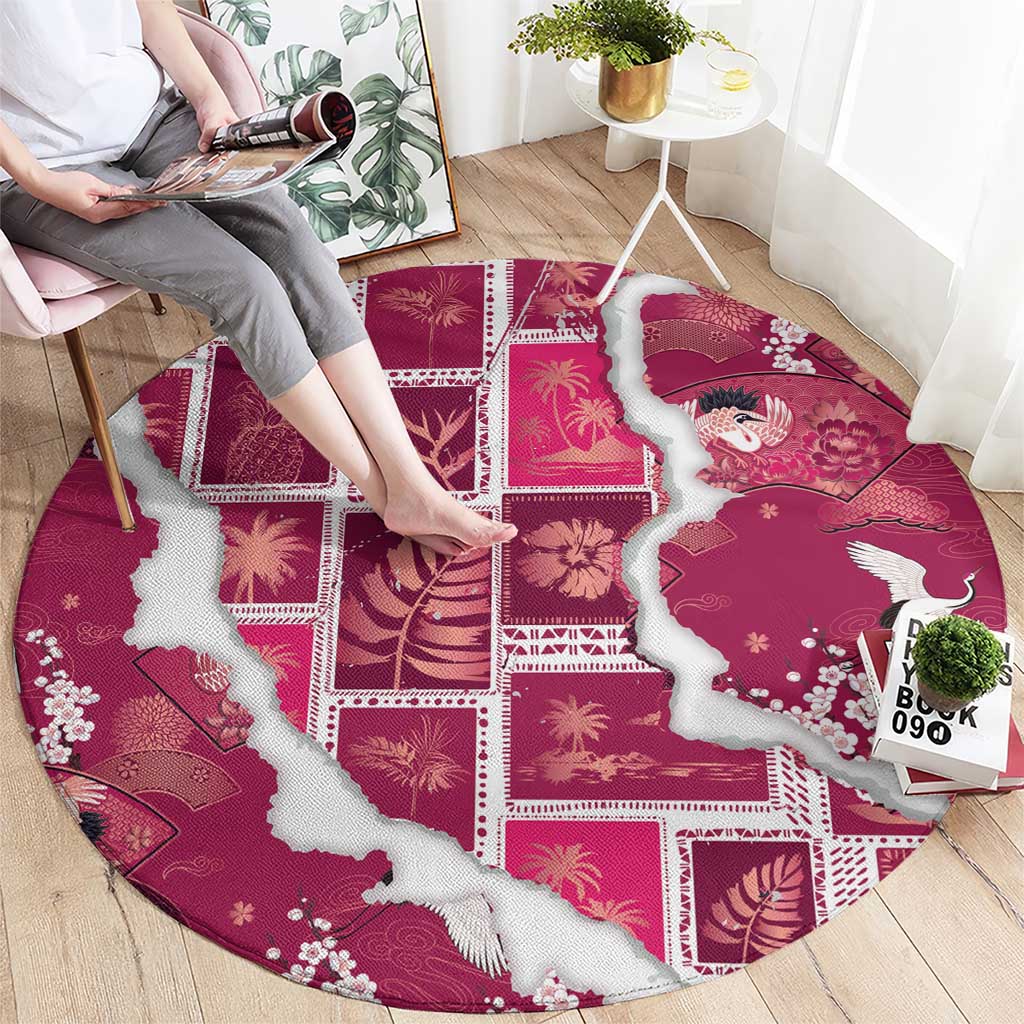 Hawaii Japanese Culture Pink Round Carpet Spring Cranes Aloha Pattern