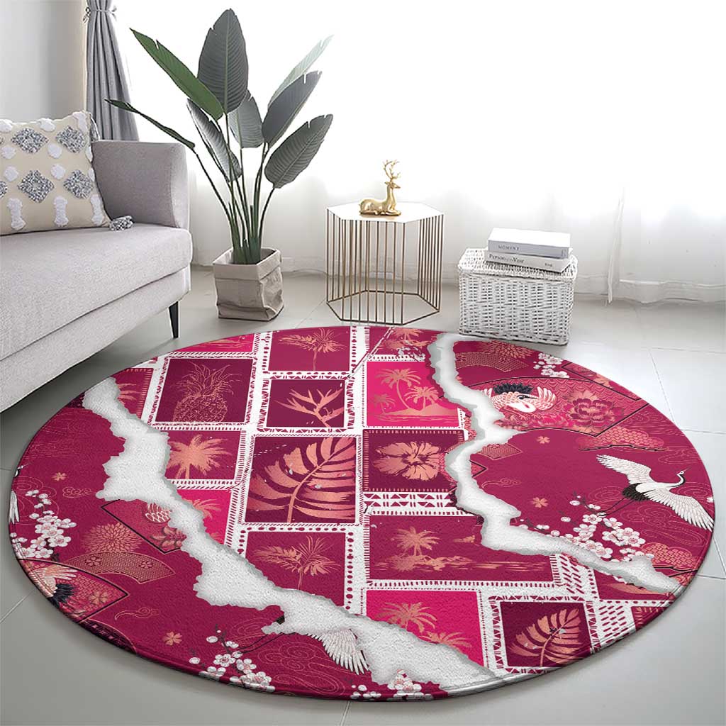 Hawaii Japanese Culture Pink Round Carpet Spring Cranes Aloha Pattern