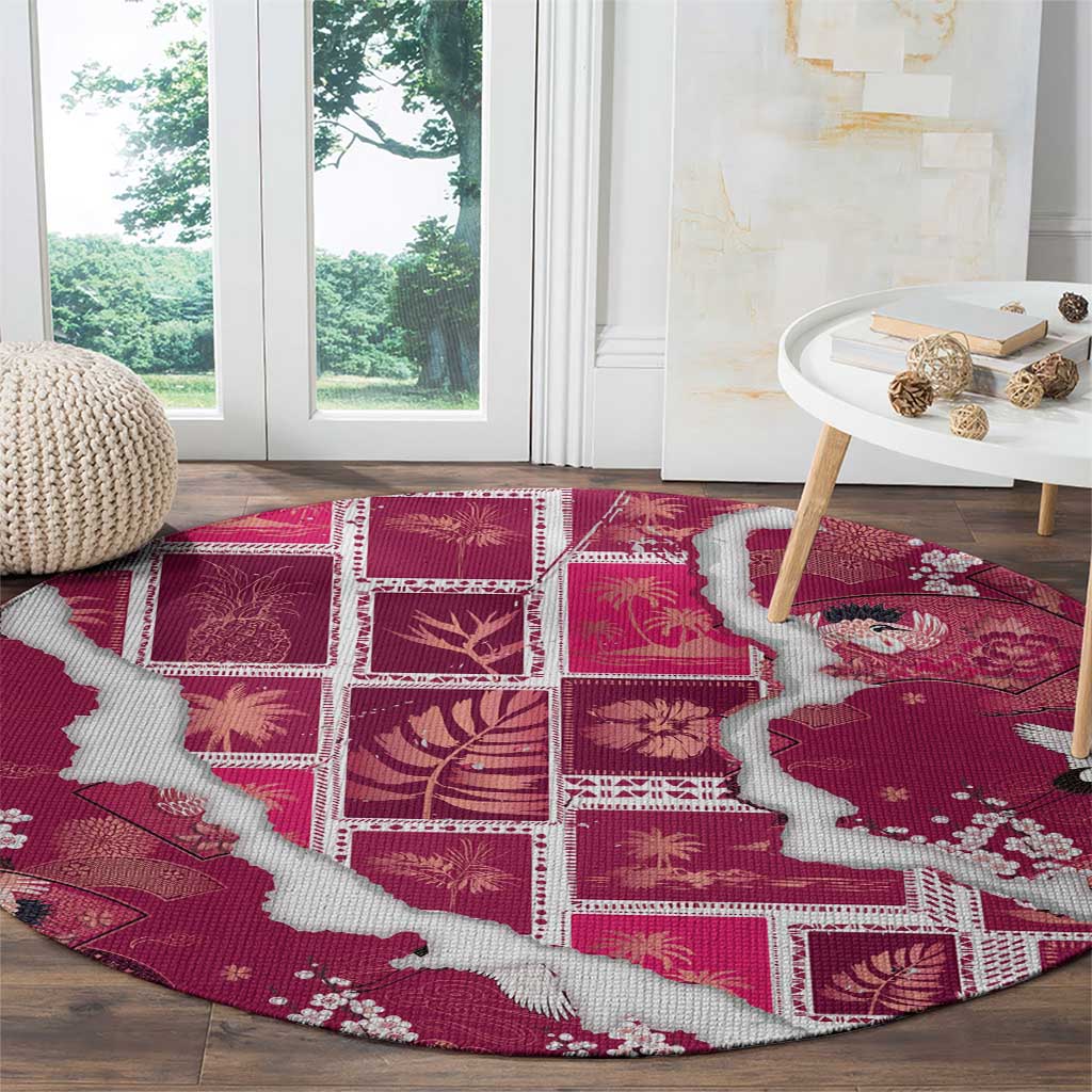 Hawaii Japanese Culture Pink Round Carpet Spring Cranes Aloha Pattern