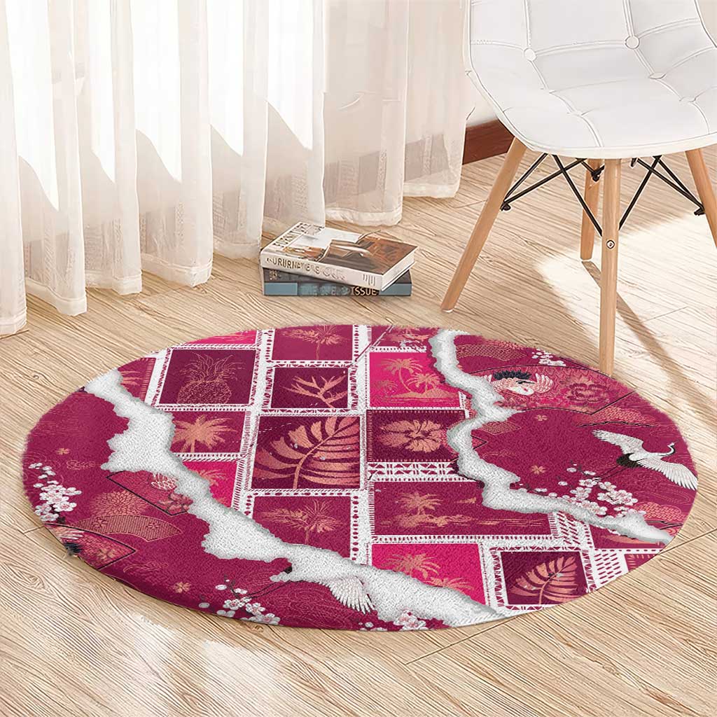 Hawaii Japanese Culture Pink Round Carpet Spring Cranes Aloha Pattern