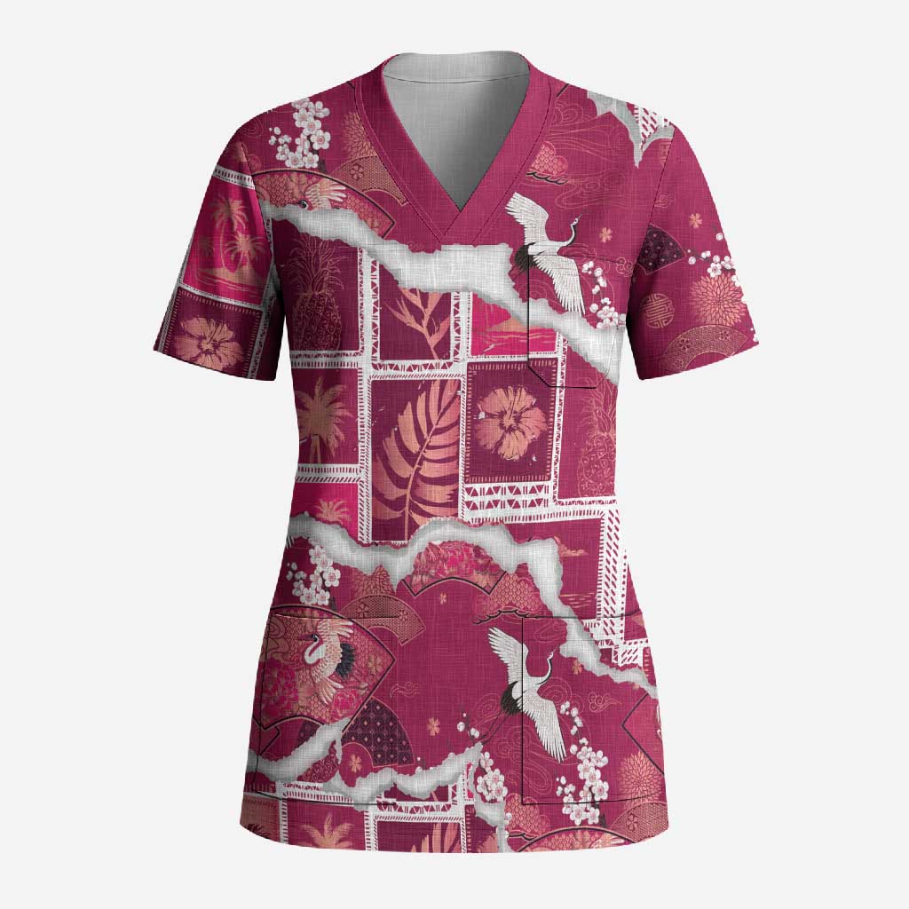 Hawaii Japanese Culture Pink Scrub Top Spring Cranes Aloha Pattern LT01 Adult Pink - Polynesian Pride