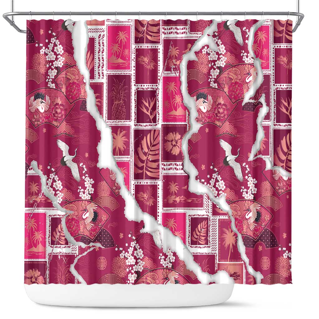 Hawaii Japanese Culture Pink Shower Curtain Spring Cranes Aloha Pattern