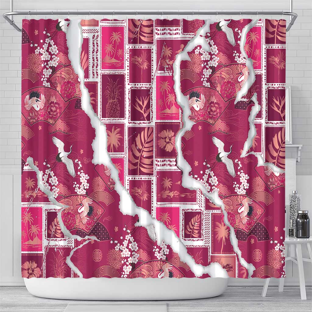 Hawaii Japanese Culture Pink Shower Curtain Spring Cranes Aloha Pattern