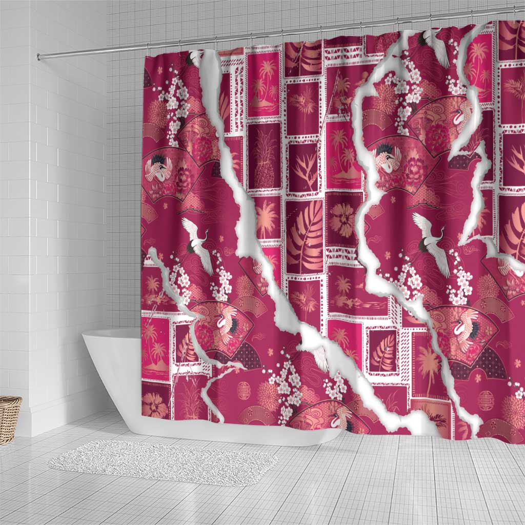 Hawaii Japanese Culture Pink Shower Curtain Spring Cranes Aloha Pattern