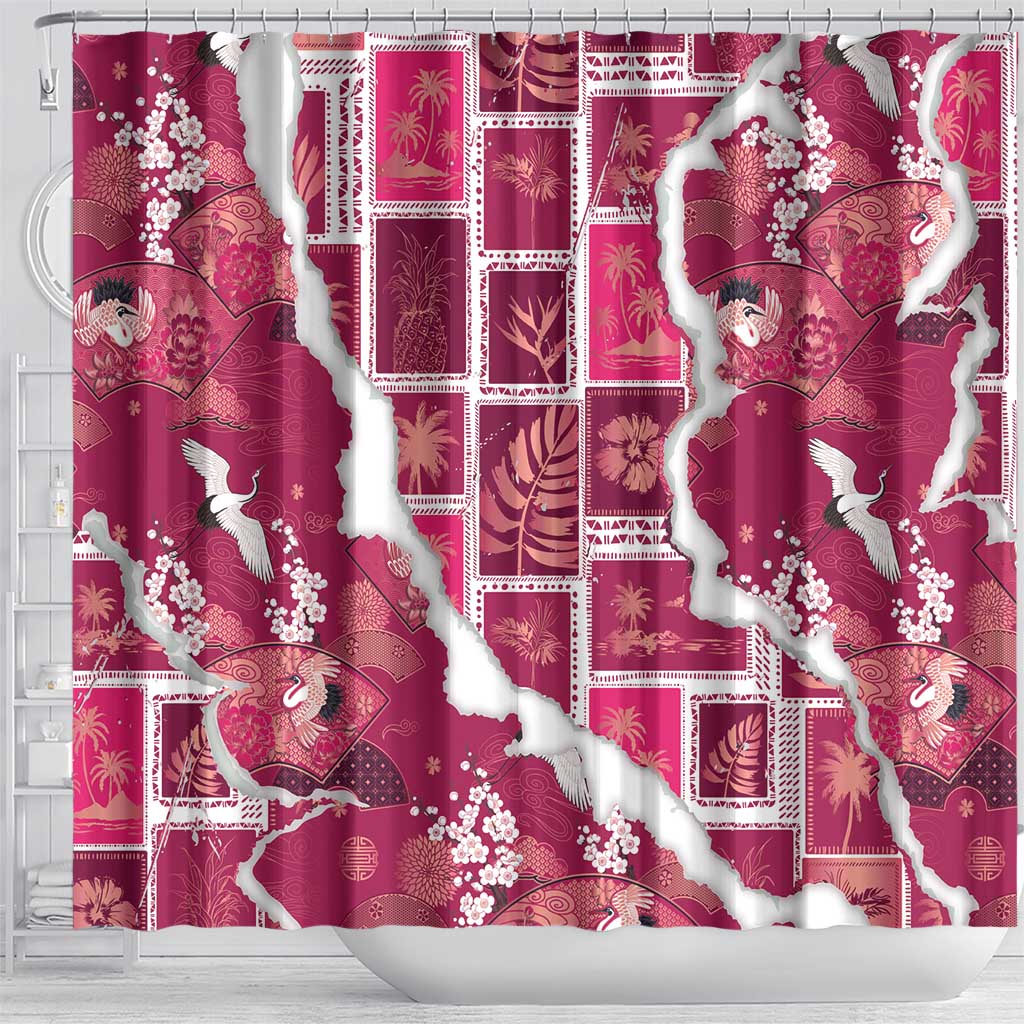Hawaii Japanese Culture Pink Shower Curtain Spring Cranes Aloha Pattern