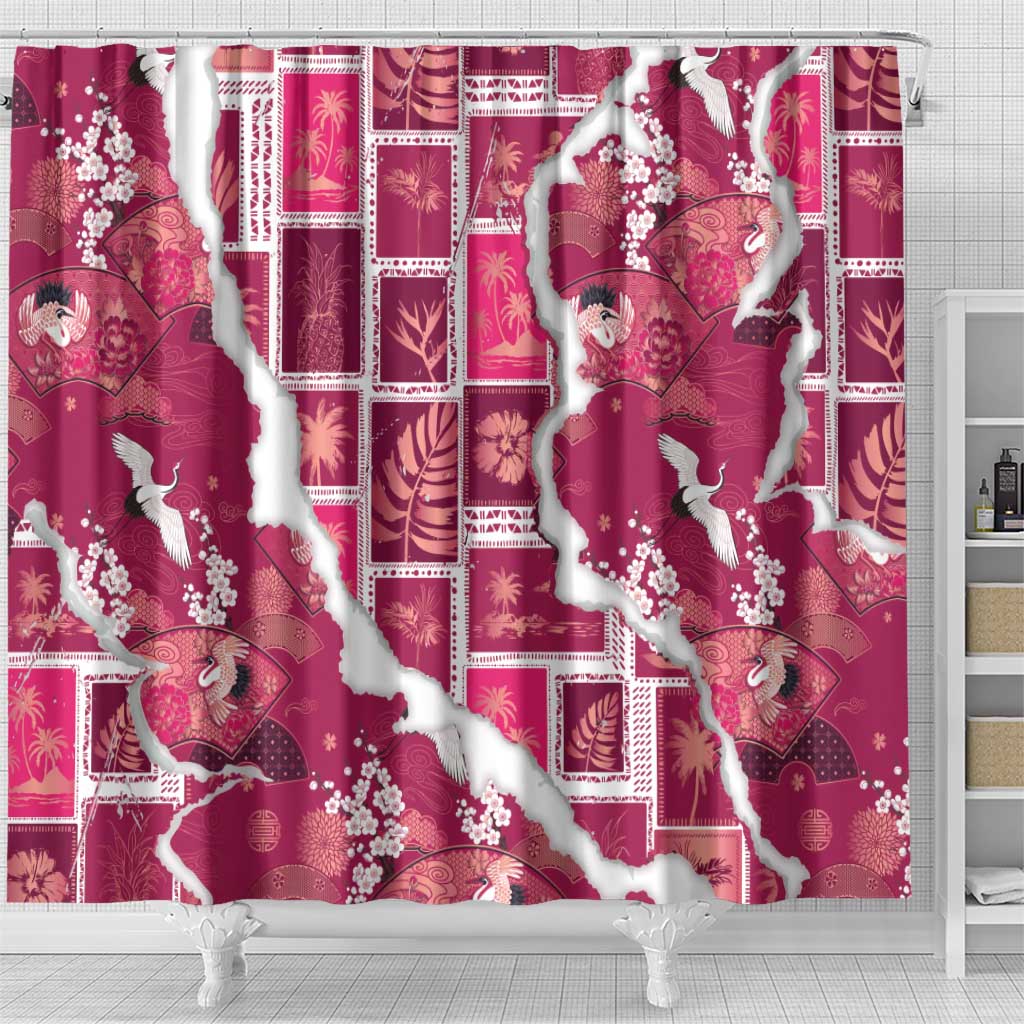 Hawaii Japanese Culture Pink Shower Curtain Spring Cranes Aloha Pattern