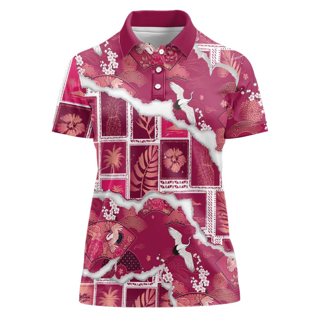 Hawaii Japanese Culture Pink Women Polo Shirt Spring Cranes Aloha Pattern LT01 Female Pink - Polynesian Pride