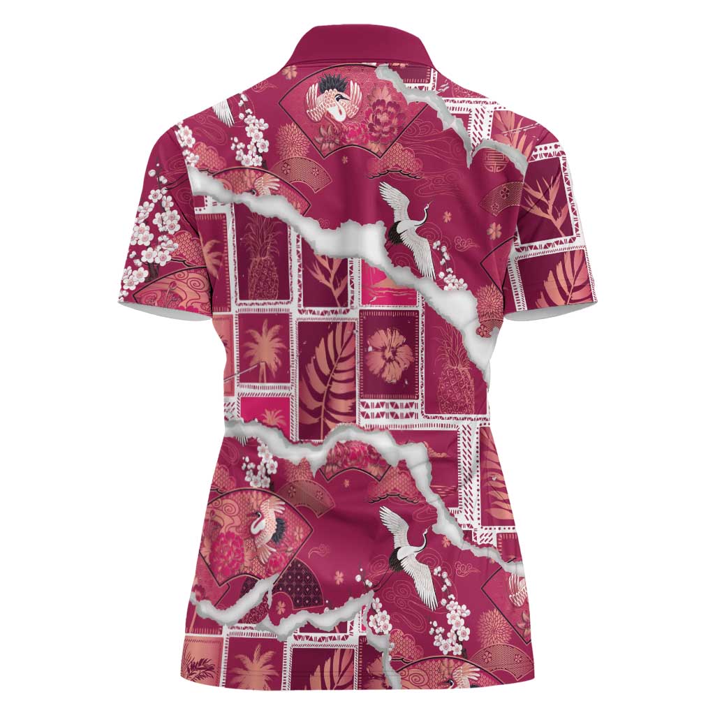 Hawaii Japanese Culture Pink Women Polo Shirt Spring Cranes Aloha Pattern LT01 - Polynesian Pride