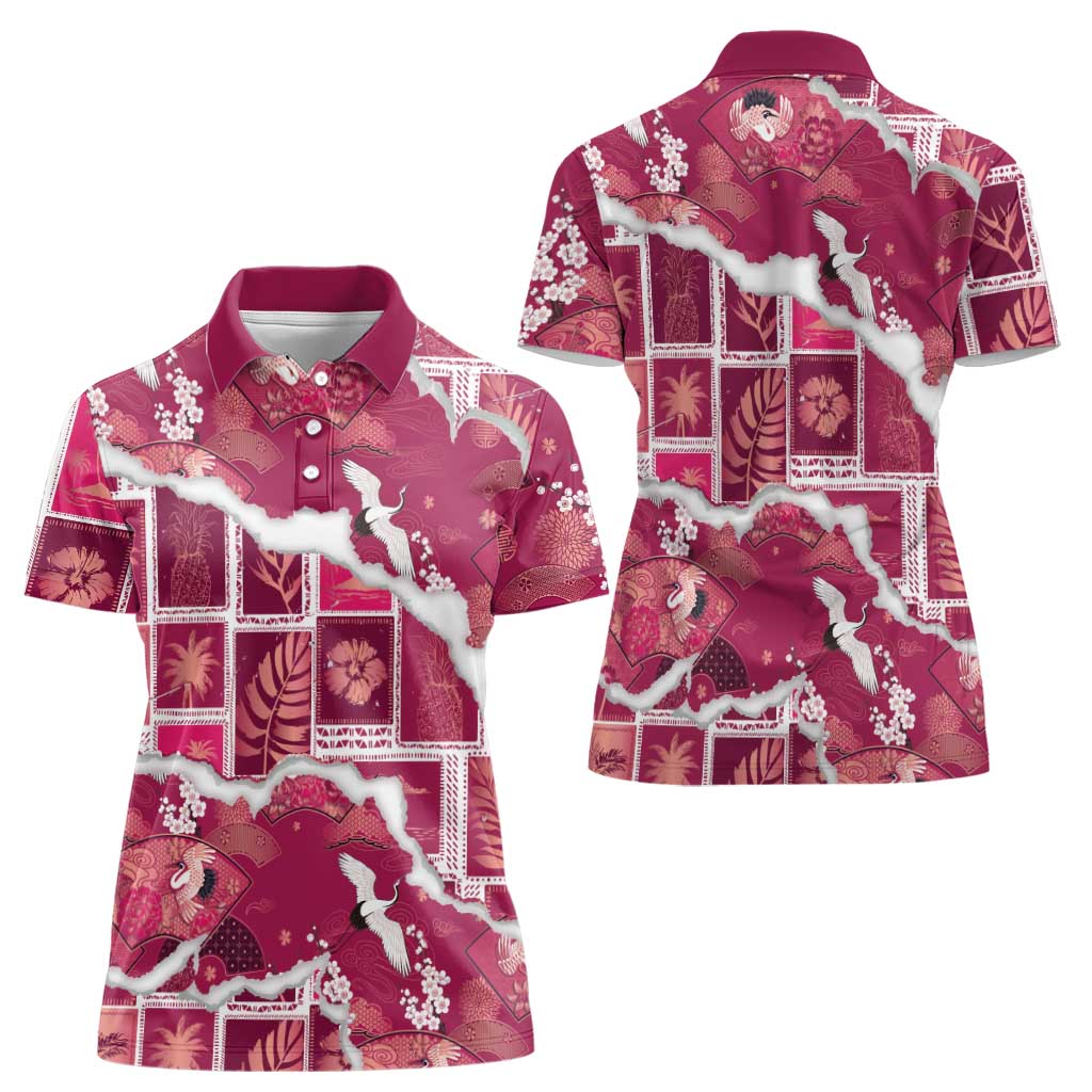 Hawaii Japanese Culture Pink Women Polo Shirt Spring Cranes Aloha Pattern LT01 - Polynesian Pride