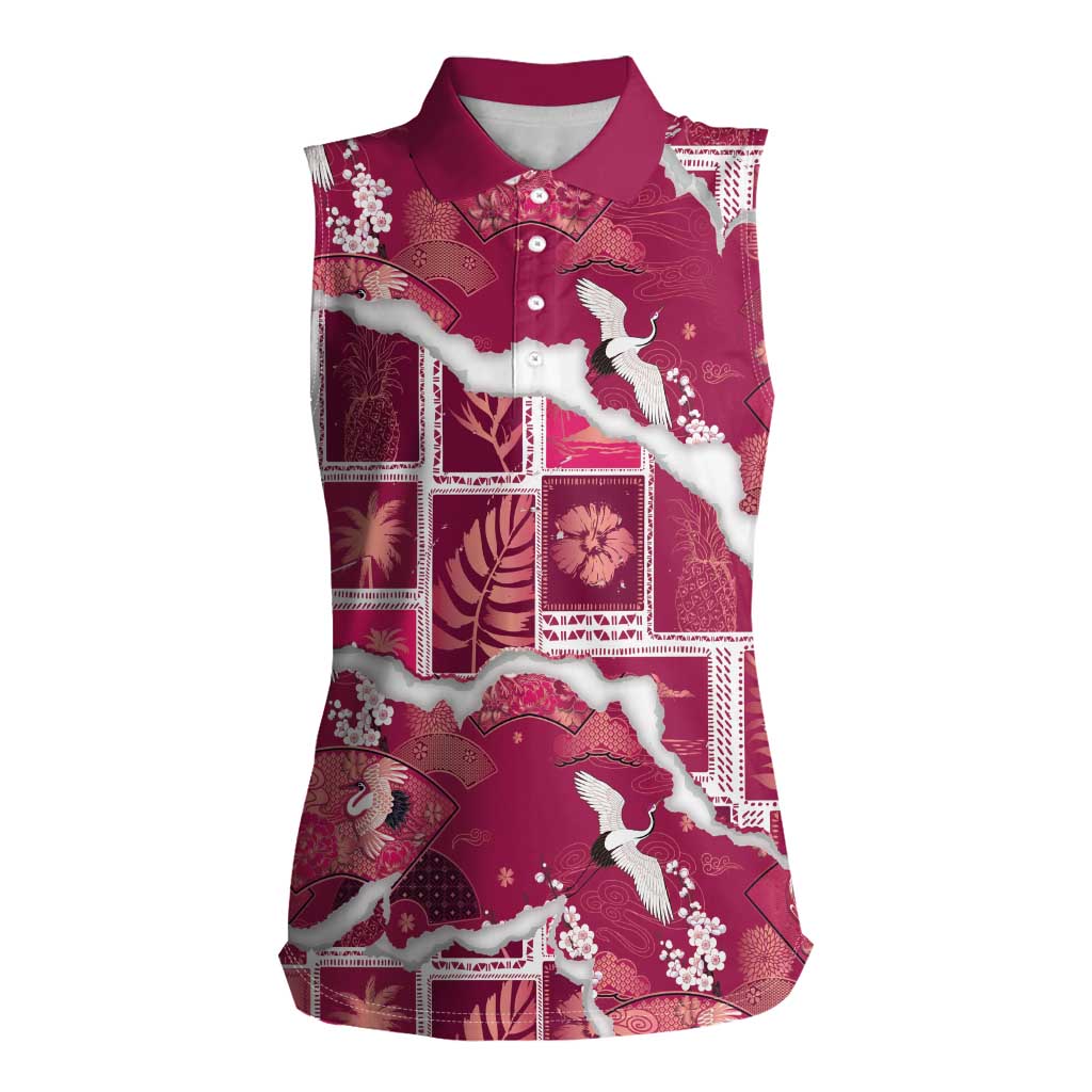 Hawaii Japanese Culture Pink Women Sleeveless Polo Shirt Spring Cranes Aloha Pattern LT01 Female Pink - Polynesian Pride