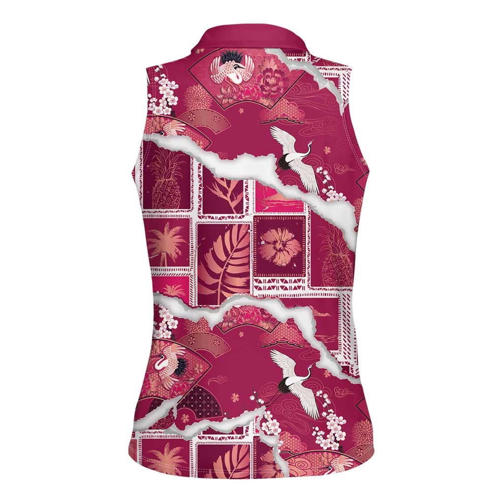 Hawaii Japanese Culture Pink Women Sleeveless Polo Shirt Spring Cranes Aloha Pattern LT01 - Polynesian Pride