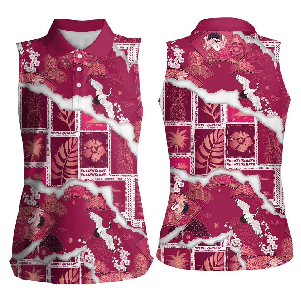 Hawaii Japanese Culture Pink Women Sleeveless Polo Shirt Spring Cranes Aloha Pattern LT01 - Polynesian Pride