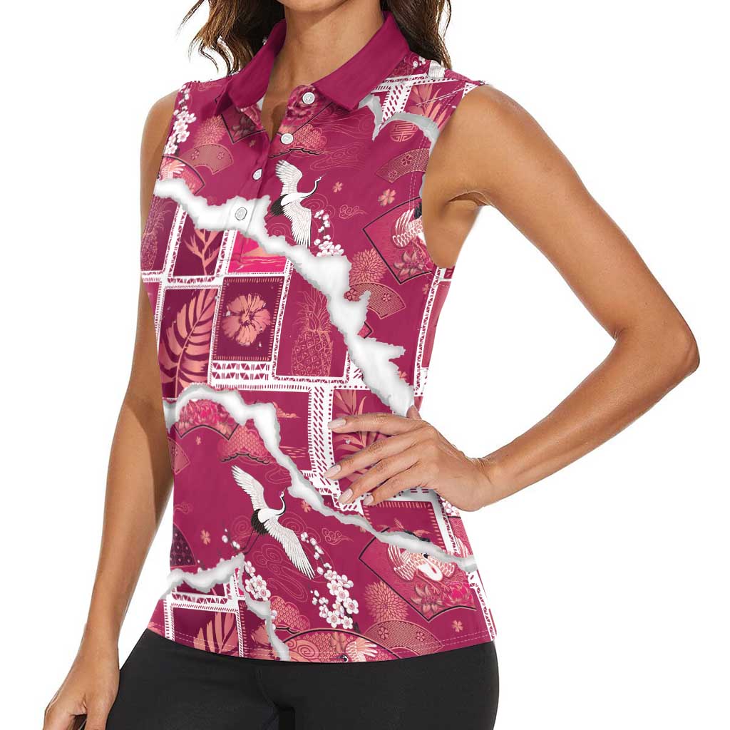Hawaii Japanese Culture Pink Women Sleeveless Polo Shirt Spring Cranes Aloha Pattern LT01 - Polynesian Pride